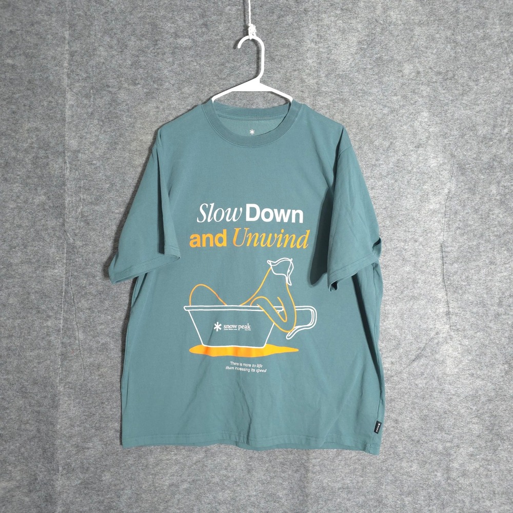 Snow Peak Slow Down and Unwind Men XXL Blue Graphic Tee Outdoor Home Camp Cotton